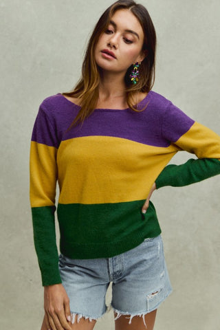 Mardi Gras Color Block Bow Sweater Top
