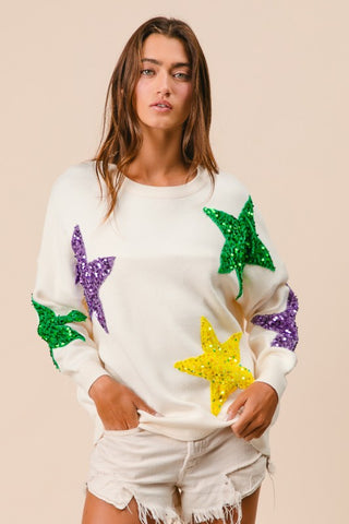 Sequin Velvet Star Patches Mardi Gras Sweater