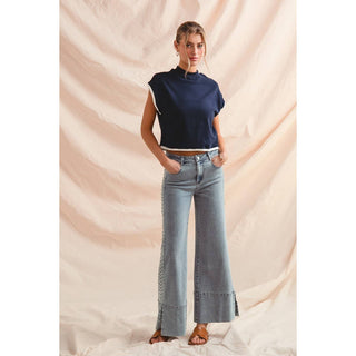Flare bottom denim jeans with side Pearl details
