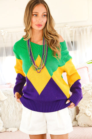 Mardi Gras Argyle Pattern Sweater