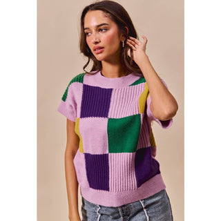 Mardi Gras Check Plaid Casual Sweater Top