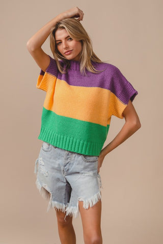 Mardi Gras Color Block Drop Shoulder Sweater Top
