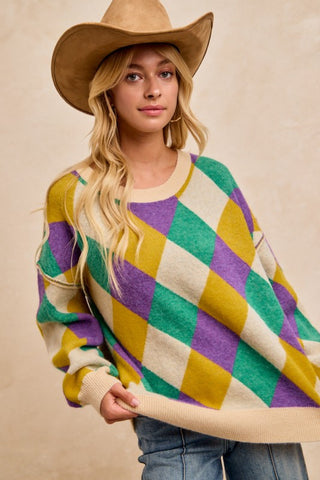Mardi Gras Diamond Pattern Artwork Sweater Top