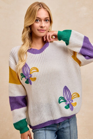 Mardi Gras Theme De Lis Emroidered Sweater Top