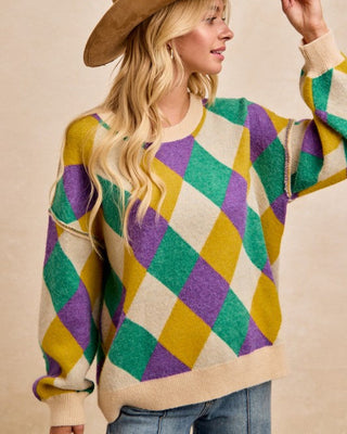 Mardi Gras Diamond Pattern Artwork Sweater Top