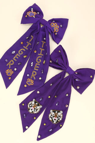 Game Day Tigers Embroidered Bow Barrette Hair Clip 