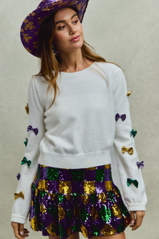 Mardi Gras Glitter Bow Ribbon Sweater Knit Top