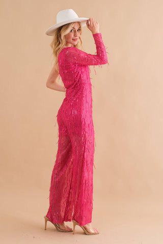 Sequin Fringe Embellish One Shoulder Jumpsuit
