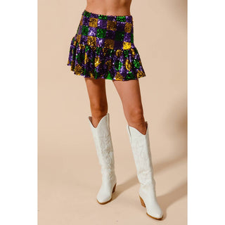 MARDI GRAS CHECKER SEQUINS MINI SKIRT -