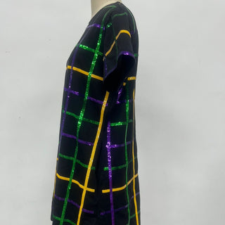 Mardi Gras Plaid Stripes Sequin T-Shirt Dress