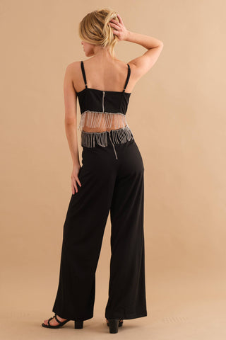 Rhinestone Fringe Cut Out Side Open Back Jumpsuit