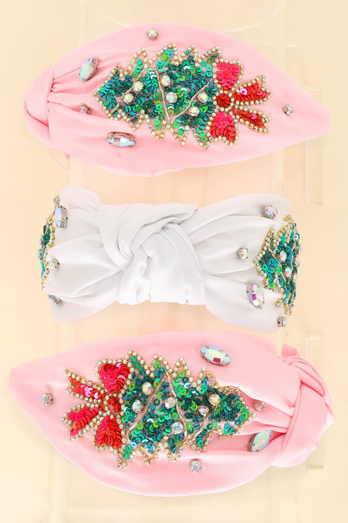 Christmas Tree Jeweled Top Knotted Headband Pink