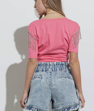 Soft Cotton Rhinestone Fringe Shoulder Detail Tee 