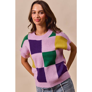 Mardi Gras Check Plaid Casual Sweater Top