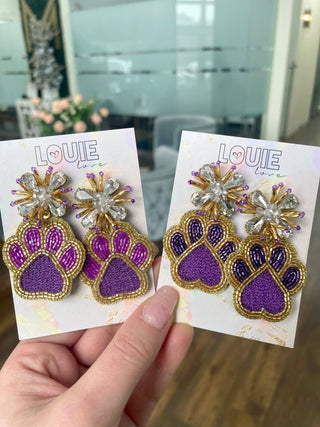 Purple & Gold Louisiana Tiger Paw Earrings