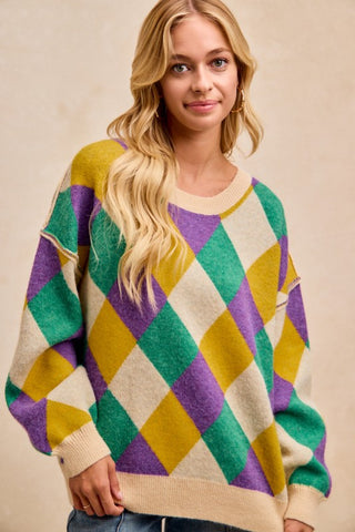 Mardi Gras Diamond Pattern Artwork Sweater Top