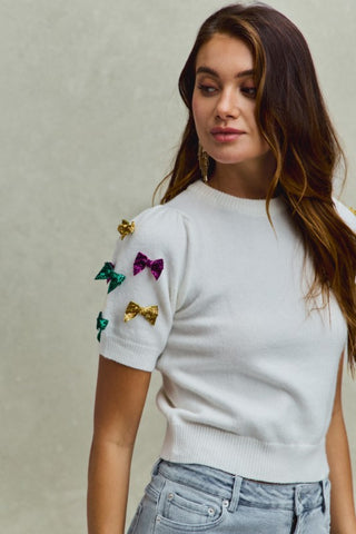 Mardi Gras Glitter Ribbon Puff Sweater Knit Top