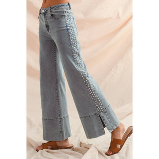 Flare bottom denim jeans with side Pearl details
