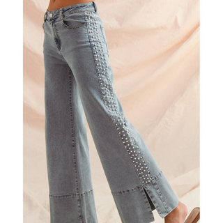 Flare bottom denim jeans with side Pearl details