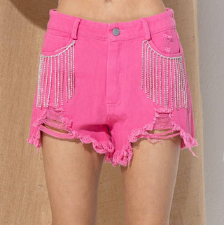 rhinestone fringe denim pink shorts