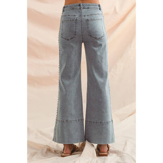 Flare bottom denim jeans with side Pearl details