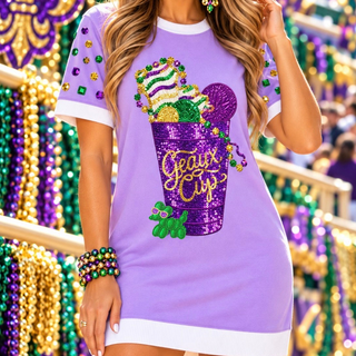 Purple sequin Mardi Gras Geaux cup dress