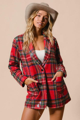 Sequin Christmas Plaid Blazer 