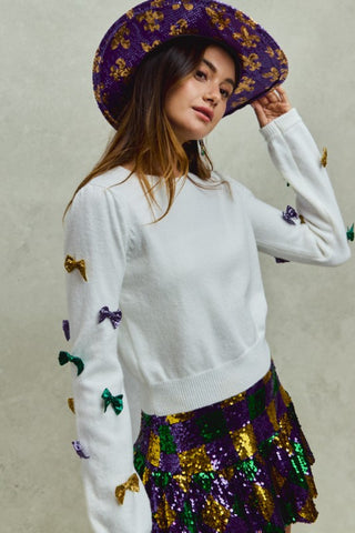 Mardi Gras Glitter Bow Ribbon Sweater Knit Top