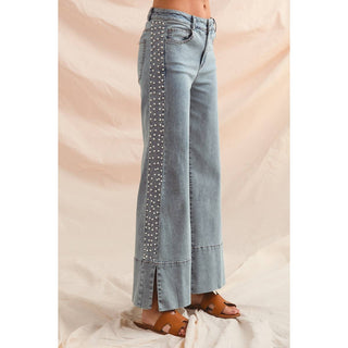 Flare bottom denim jeans with side Pearl details
