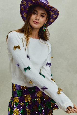Mardi Gras Glitter Bow Ribbon Sweater Knit Top