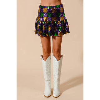 MARDI GRAS CHECKER SEQUINS MINI SKIRT -
