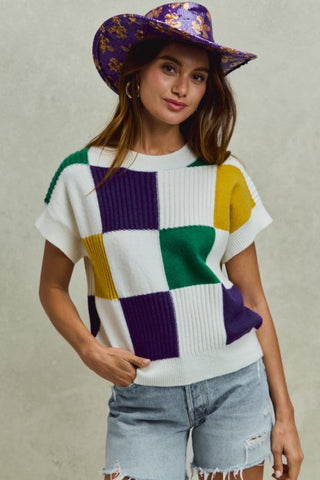 Mardi Gras Check Plaid Casual Sweater Top