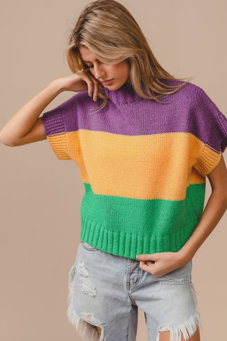Mardi Gras Color Block Drop Shoulder Sweater Top