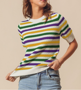 Mardi Gras Stripe Crew Neck Top