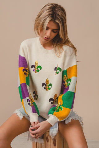 Sequin Embroidery Mardi Gras Checker Sweater Top
