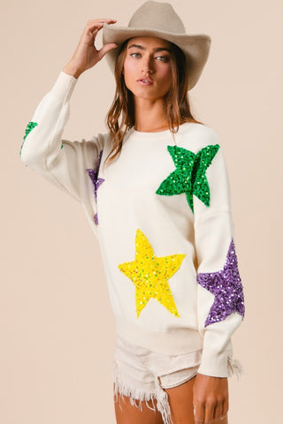 Sequin Velvet Star Patches Mardi Gras Sweater