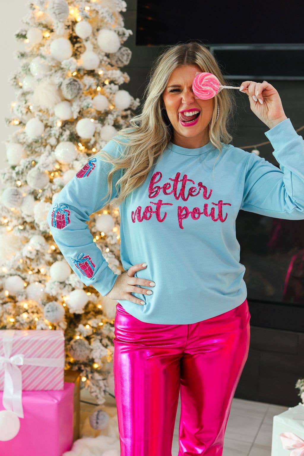 Better not Pout sequins Blue Christmas Pullover