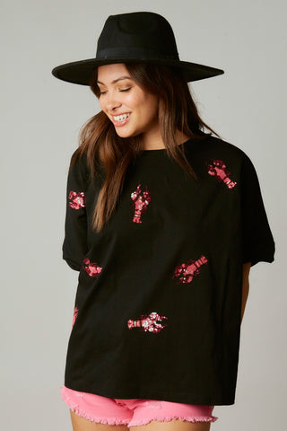 Black Crawfish Patch Sequin Top 