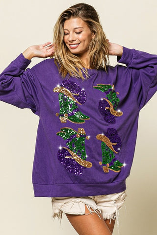 Mardi Gras Sequin Boots Pullover