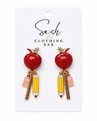 Glitter apple teacher earrings with ruler and pencil 