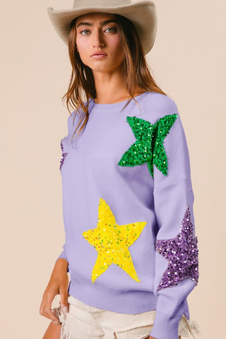 Mardi Gras Sequin Star Sweater Purple