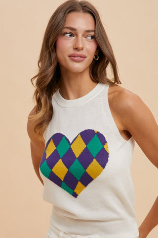 Mardi Gras Heart Sweater Top