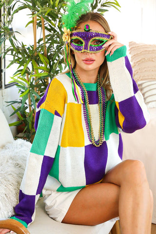 Mardi Gras Checker Board Sweater