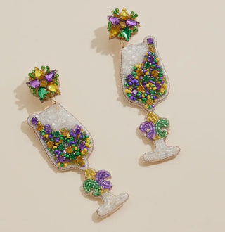 Mardi Gras Wine Glass Beaded Earrings