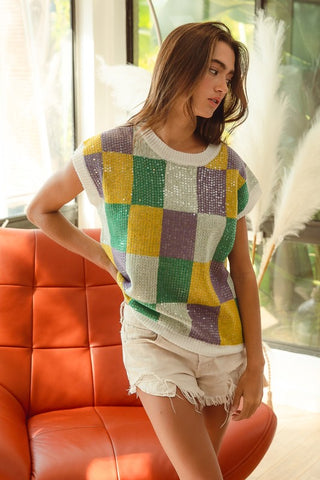 Mardi Gras Sequin Checkered Sweater Tank