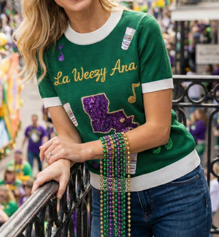La Weezy Ana Mardi Gras Sequin Short Sleeve Top -