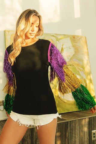 Tinsel Fringe Sleeve Mardi Gras Top