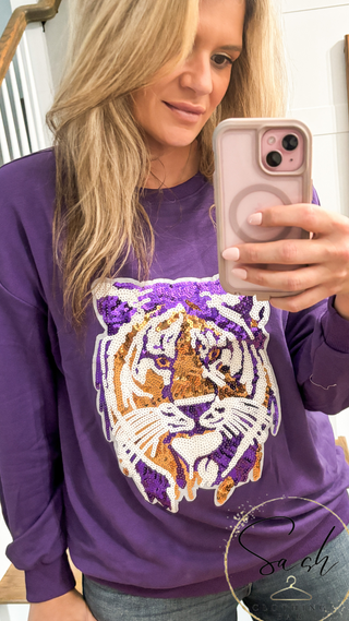 Purple Tiger Sequin Patch Sweatshirt 