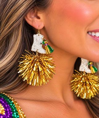 Mardi Gras Marching Boot tinsel Earrings