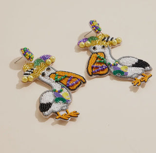 Mardi Gras Pelican Beaded Earrings